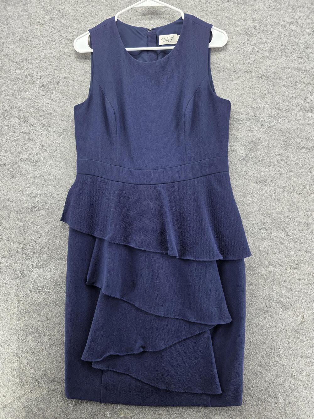 Eliza J Dress Womens 12 Navy Blue Sleeveless Ruffle Peplum Overlay Sheath Formal